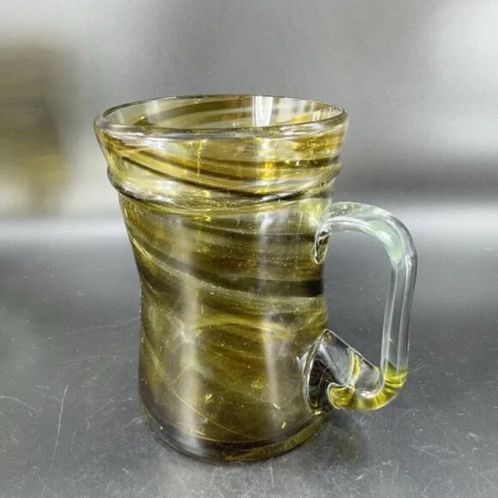 Art Glass Mug‎ Cup With Applied Clear Handle Green Black Swirls Lines Hand Made